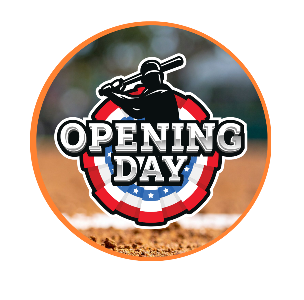 cartoon image of a baseball player swinging their bat with the words "opening day" below. background is a close up of baseball field.