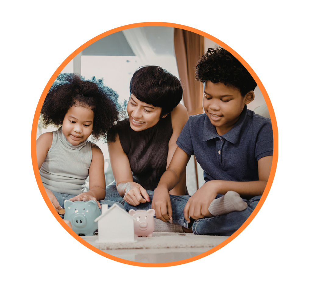 mother helps her young children save money. Mother is sitting centered and the young children are sitting to the left and right of her.