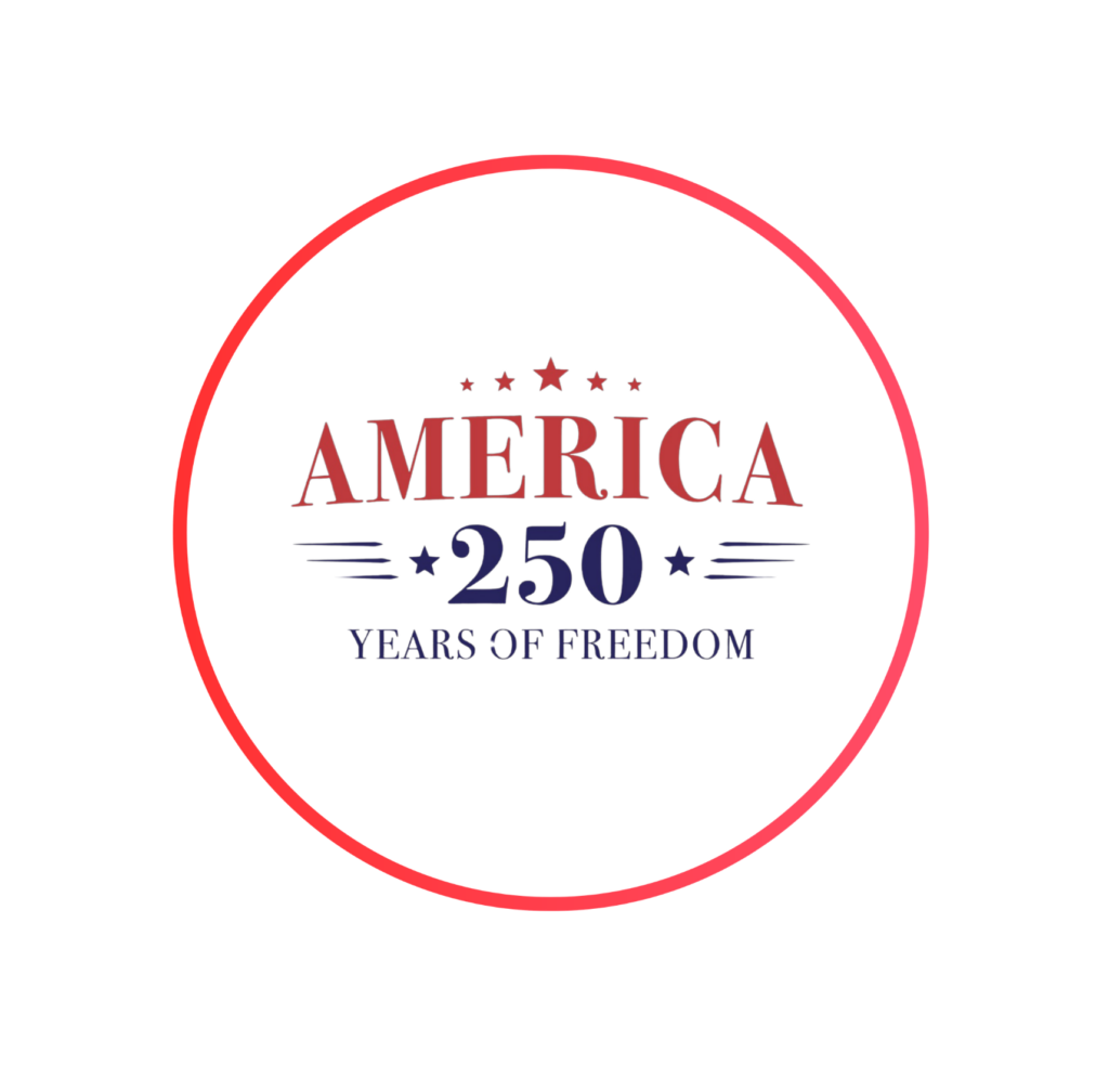 america 250 blue and red logo sits in the center of a red and white circle
