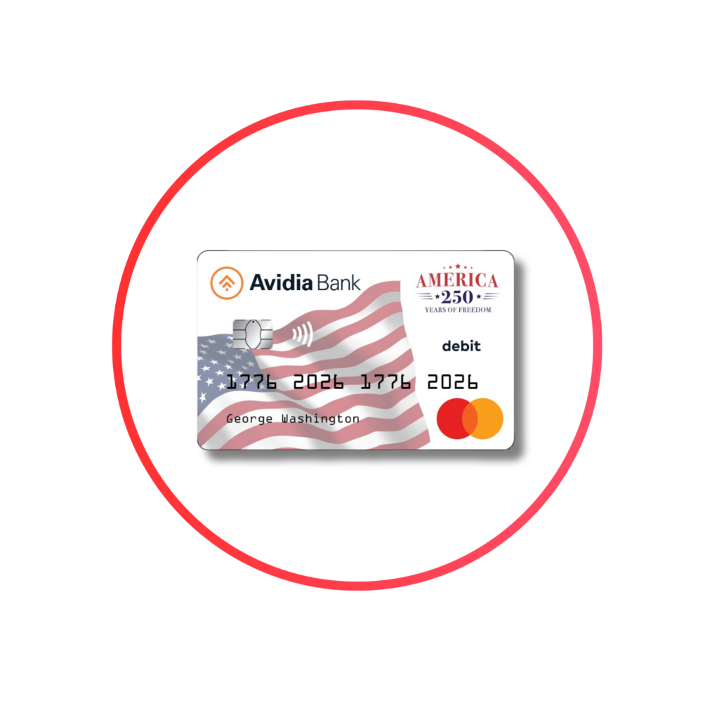 avidia bank debit card branded with the american flag sits in the center of a red and white circle