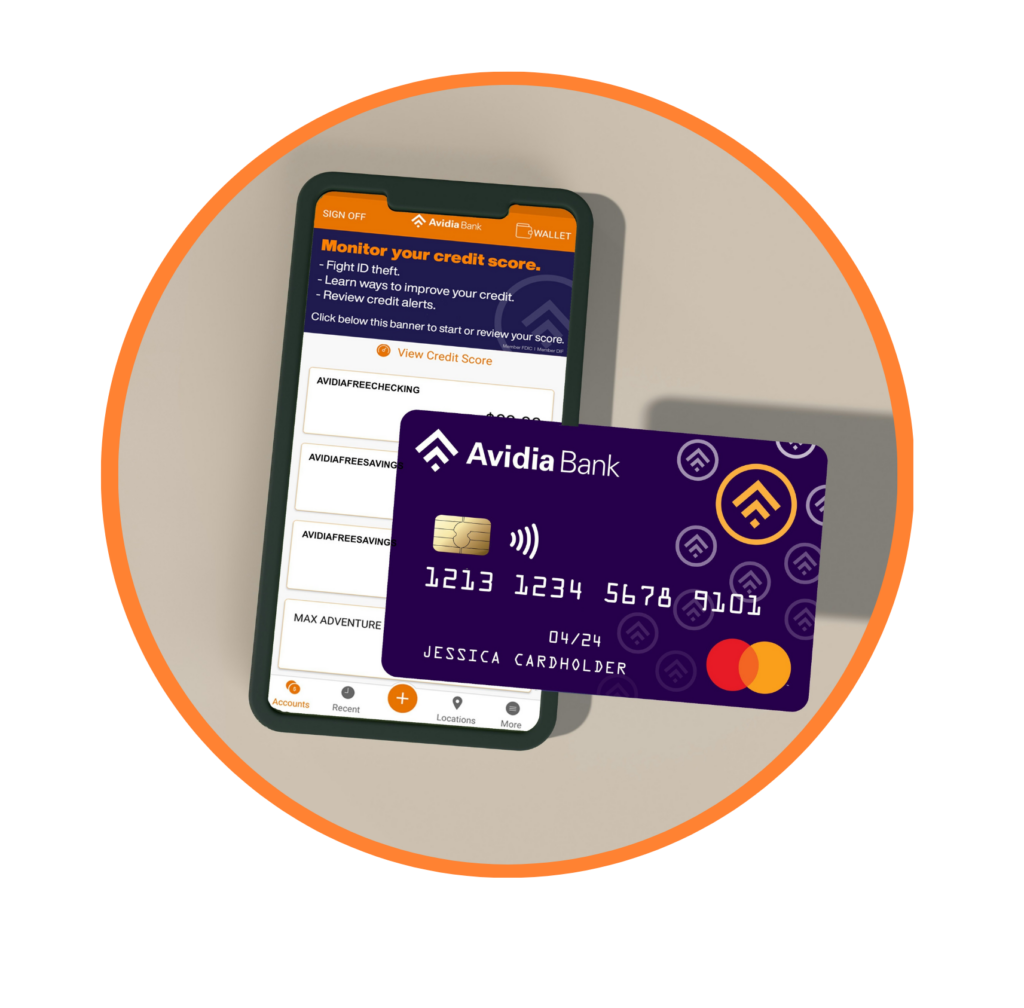 Avidia Bank Debit Card sits in front of an iphone logged into the Avidia Bank mobile app that displays account names and balances